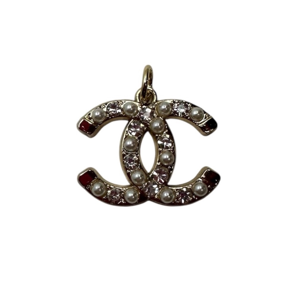 Chanel Gold Logo Zipper Pull Charm with Alternating Pearls & Clear Stones